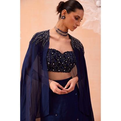 PARUL GANDHI Navy Blue Cape With Lehenga And Blouse (Set of 3)