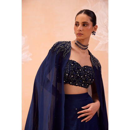 PARUL GANDHI Navy Blue Cape With Lehenga And Blouse (Set of 3)