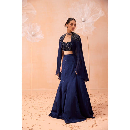PARUL GANDHI Navy Blue Cape With Lehenga And Blouse (Set of 3)