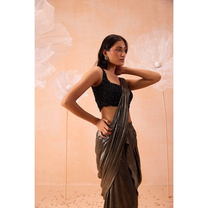 PARUL GANDHI Grey Nirwana Pre Draped Saree with Stitched Blouse