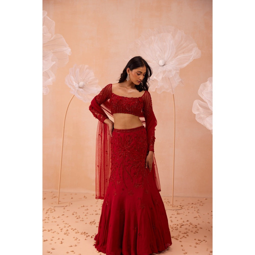 PARUL GANDHI Red Fishtail Lehenga With Blouse And Dupatta (Set of 3)