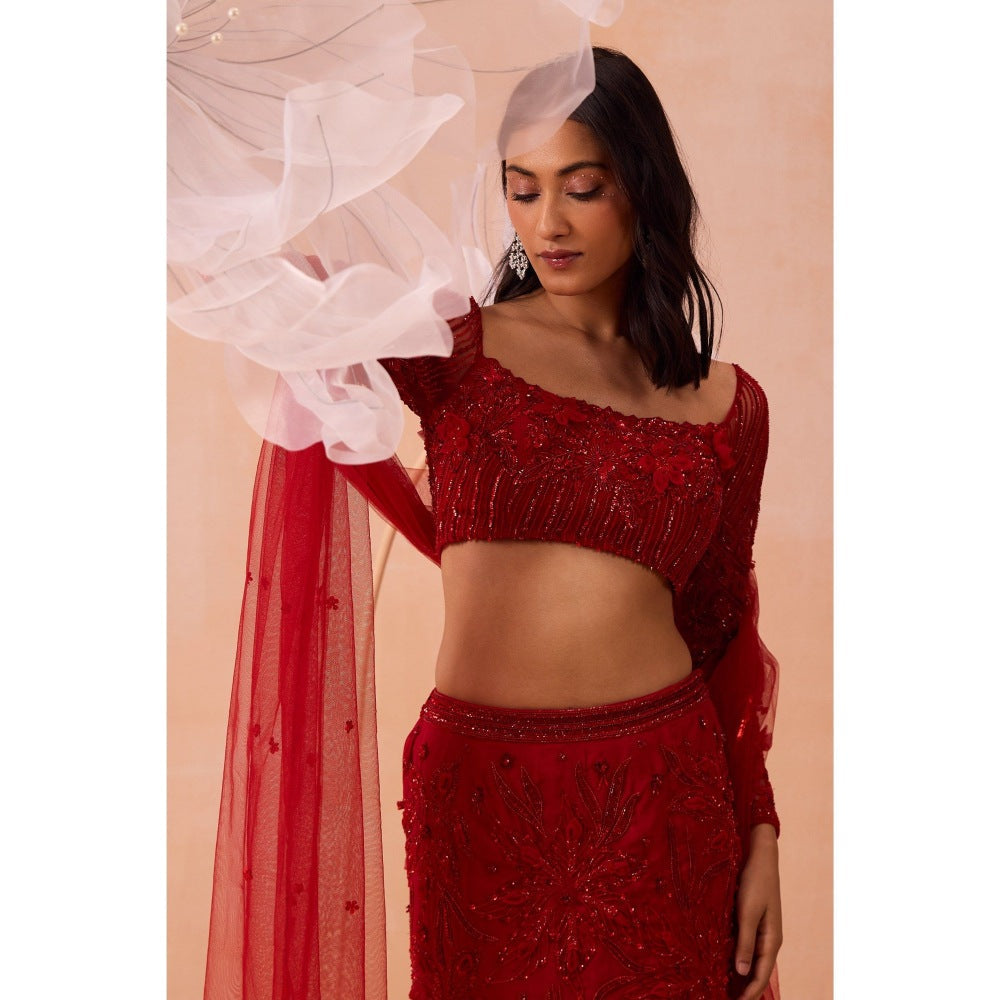 PARUL GANDHI Red Fishtail Lehenga With Blouse And Dupatta (Set of 3)