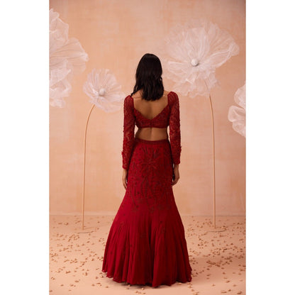 PARUL GANDHI Red Fishtail Lehenga With Blouse And Dupatta (Set of 3)