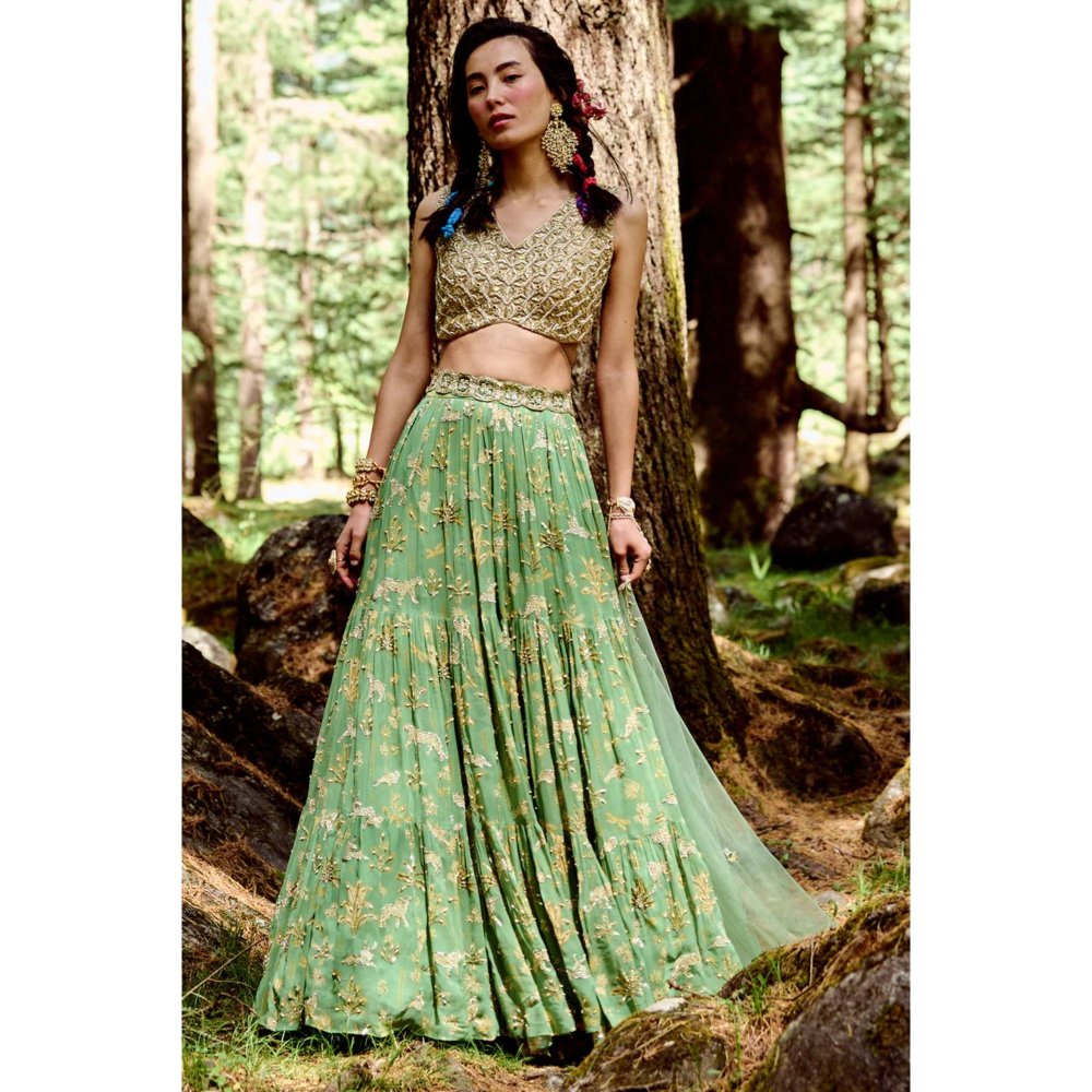 Paulmi & Harsh Fern Green Bagh Print Lehenga (Set of 4)