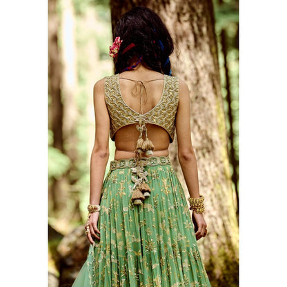 Paulmi & Harsh Fern Green Bagh Print Lehenga (Set of 4)