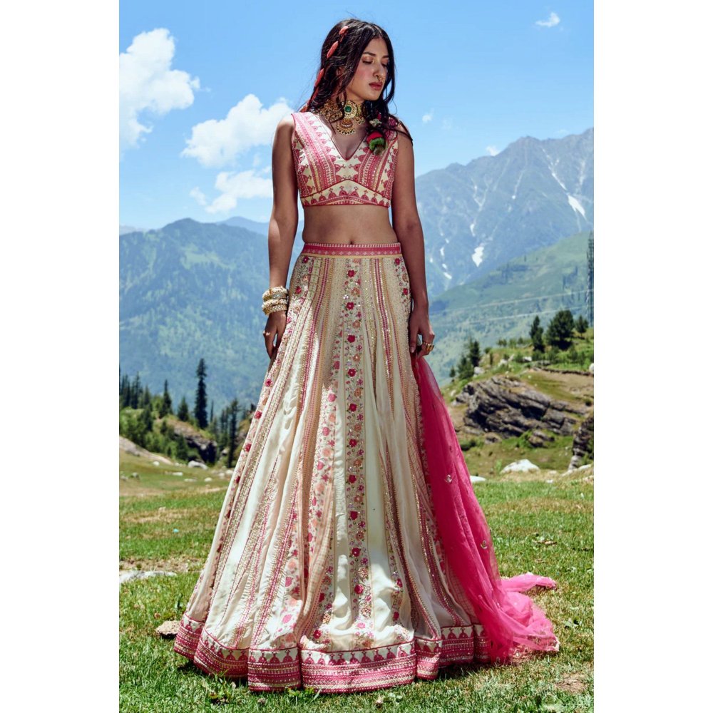 Paulmi & Harsh Off White Cutdana Lehenga (Set of 3)
