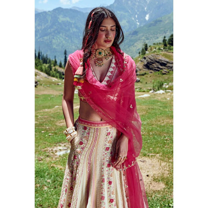 Paulmi & Harsh Off White Cutdana Lehenga (Set of 3)