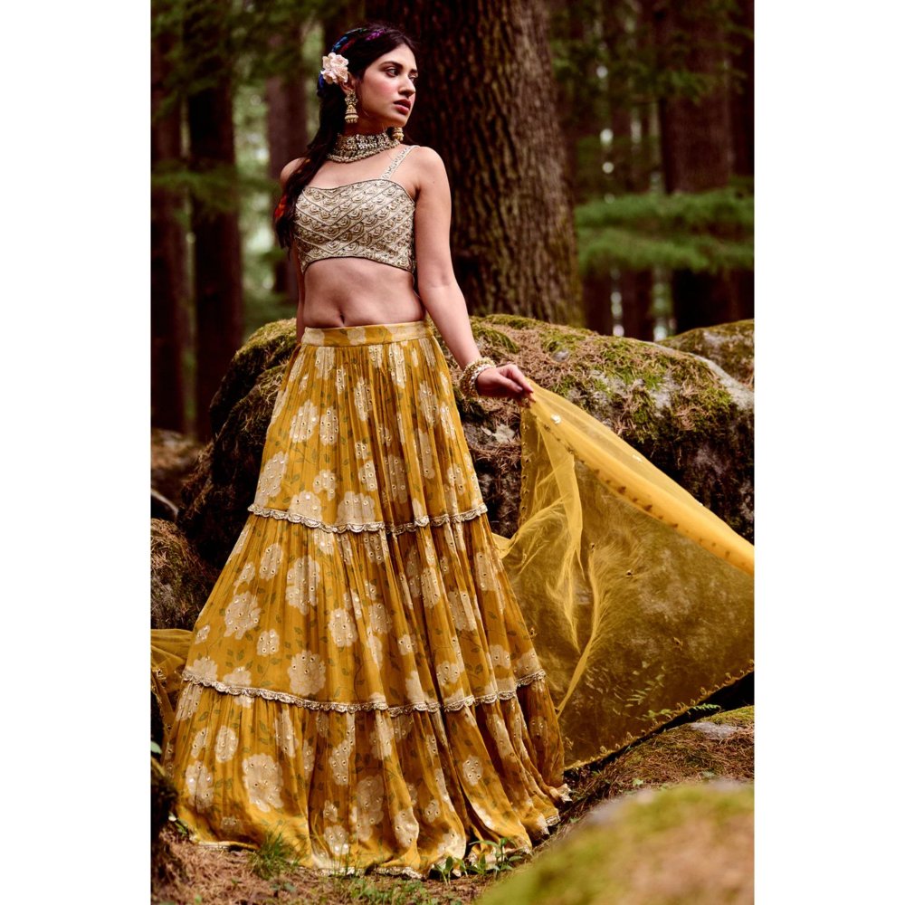 Paulmi & Harsh Ochre Yellow Rose Print Lehenga (Set of 3)