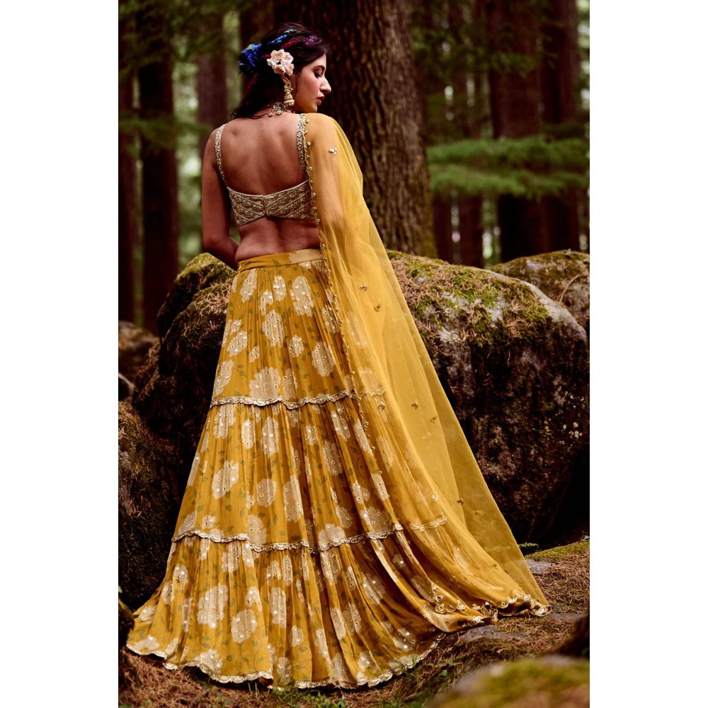 Paulmi & Harsh Ochre Yellow Rose Print Lehenga (Set of 3)