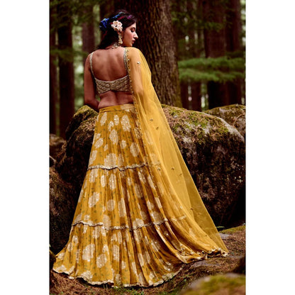 Paulmi & Harsh Ochre Yellow Rose Print Lehenga (Set of 3)
