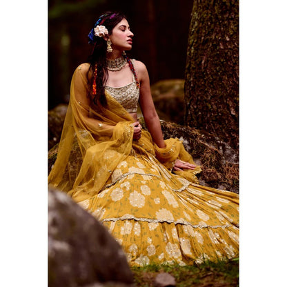 Paulmi & Harsh Ochre Yellow Rose Print Lehenga (Set of 3)