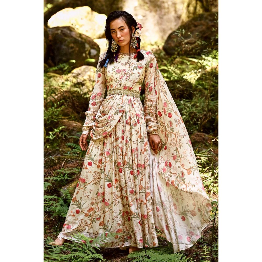 Paulmi & Harsh Floral Print Anarkali with embroidered Yoke (Set of 2)