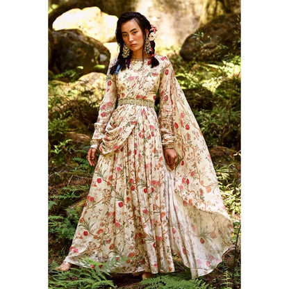 Paulmi & Harsh Floral Print Anarkali with embroidered Yoke (Set of 2)