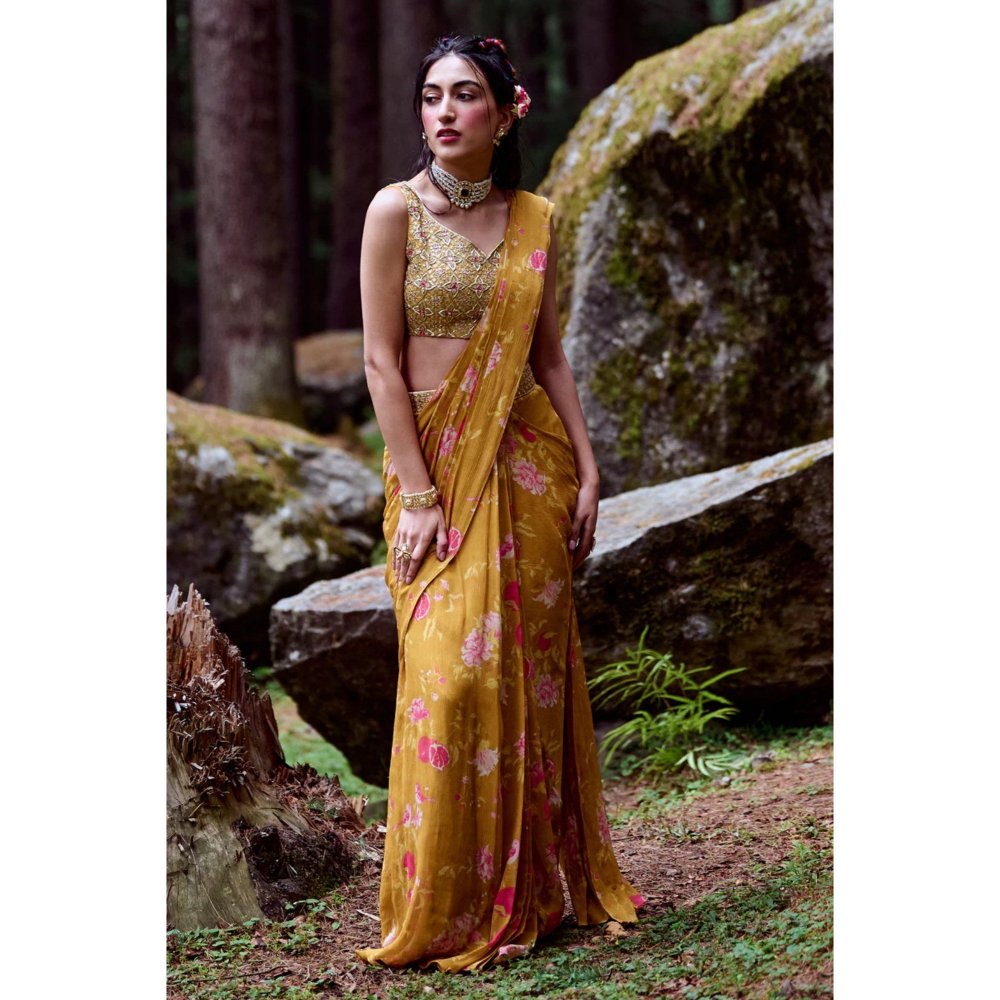 Paulmi & Harsh Ochre Yellow Anar Print Pre Draped Saree with Stitched Blouse