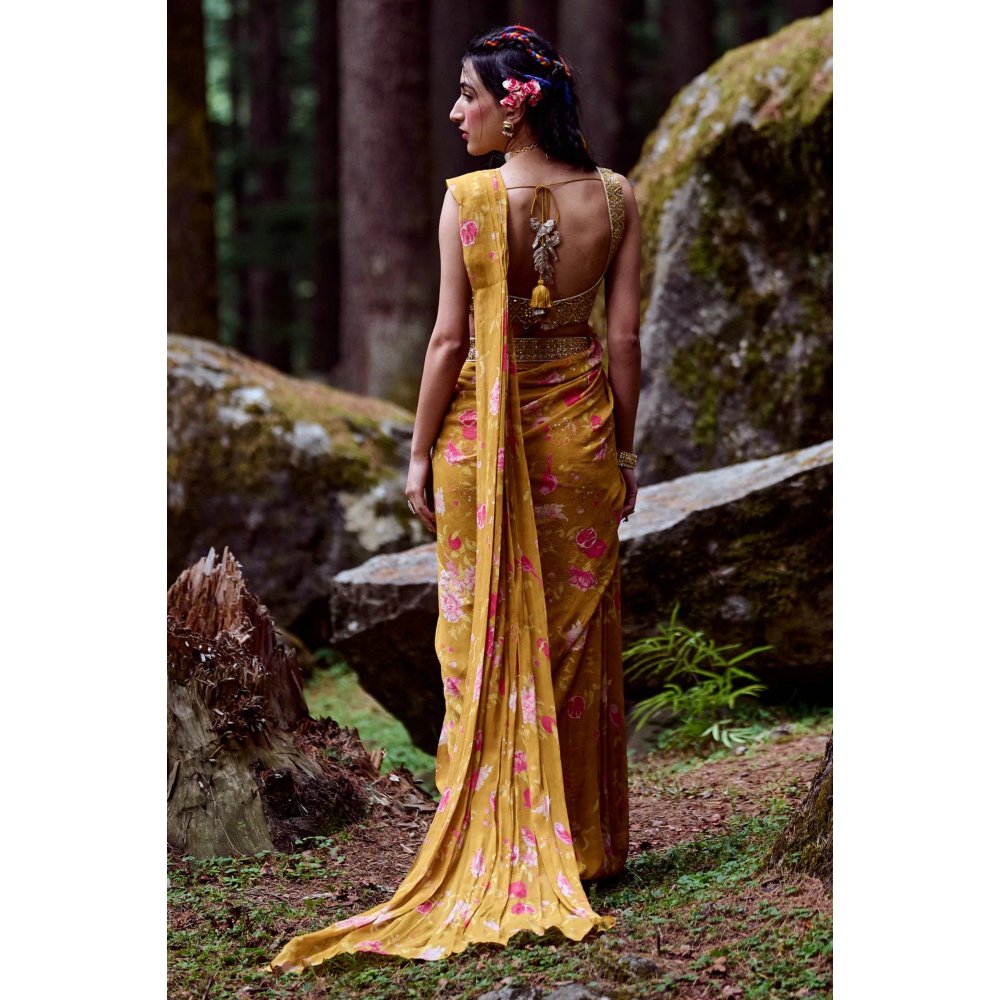 Paulmi & Harsh Ochre Yellow Anar Print Pre Draped Saree with Stitched Blouse