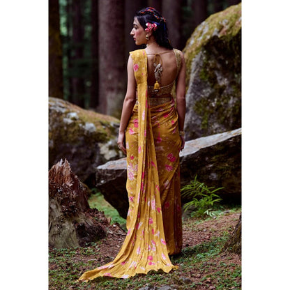 Paulmi & Harsh Ochre Yellow Anar Print Pre Draped Saree with Stitched Blouse