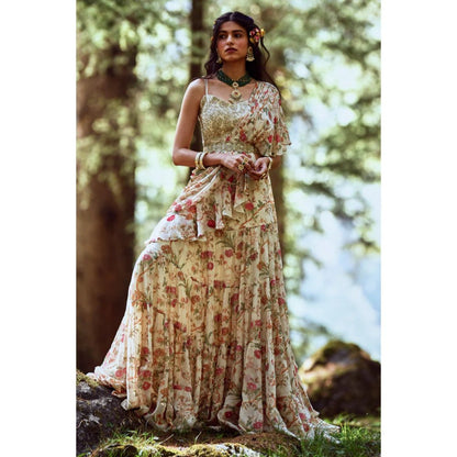Paulmi & Harsh Off White Floral Print Pre Draped Saree with Stitched Blouse