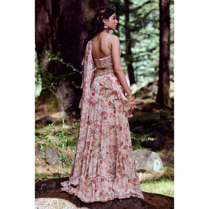 Paulmi & Harsh Off White Floral Print Pre Draped Saree with Stitched Blouse