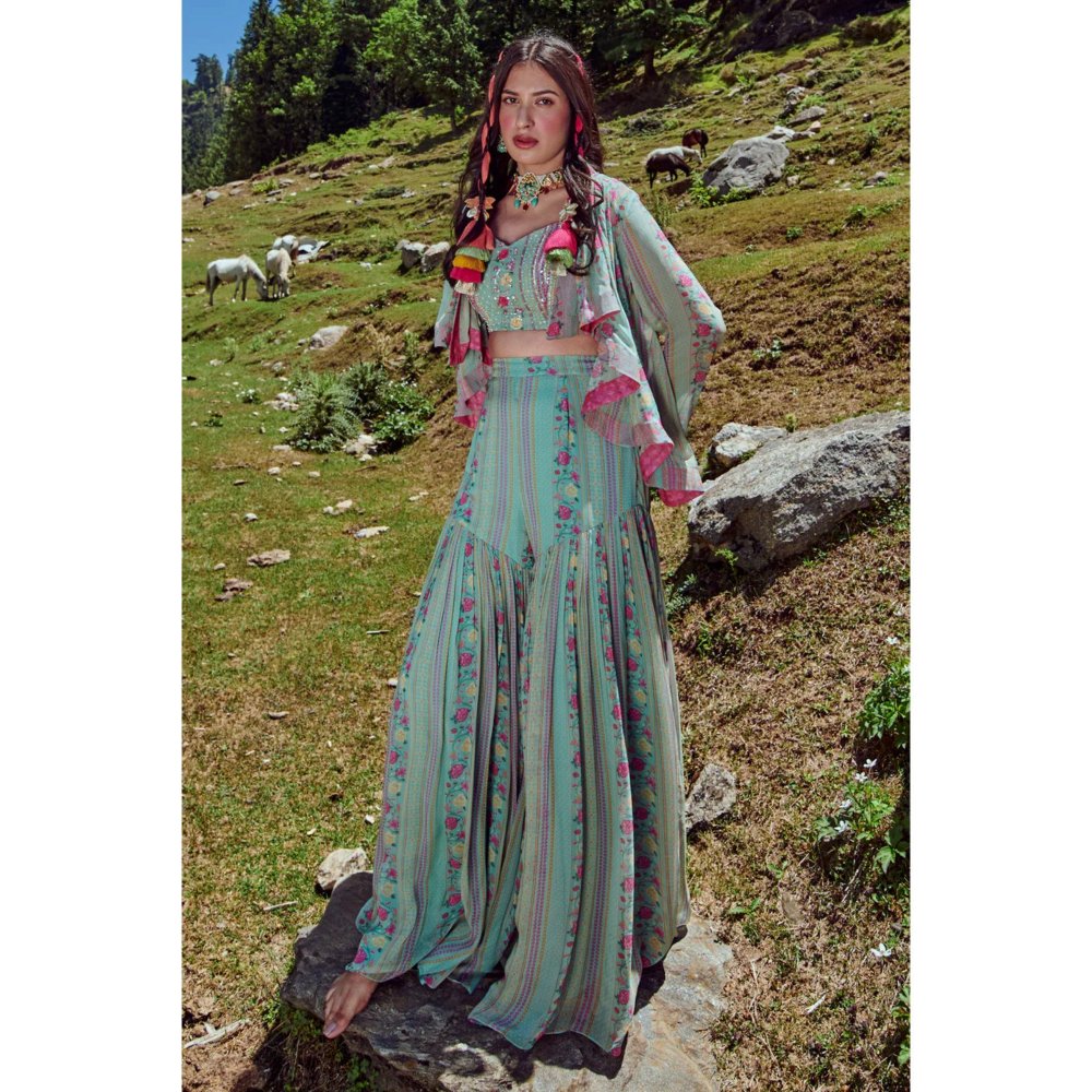 Paulmi & Harsh Tea Pot Blue Short Jacket (Set of 3)