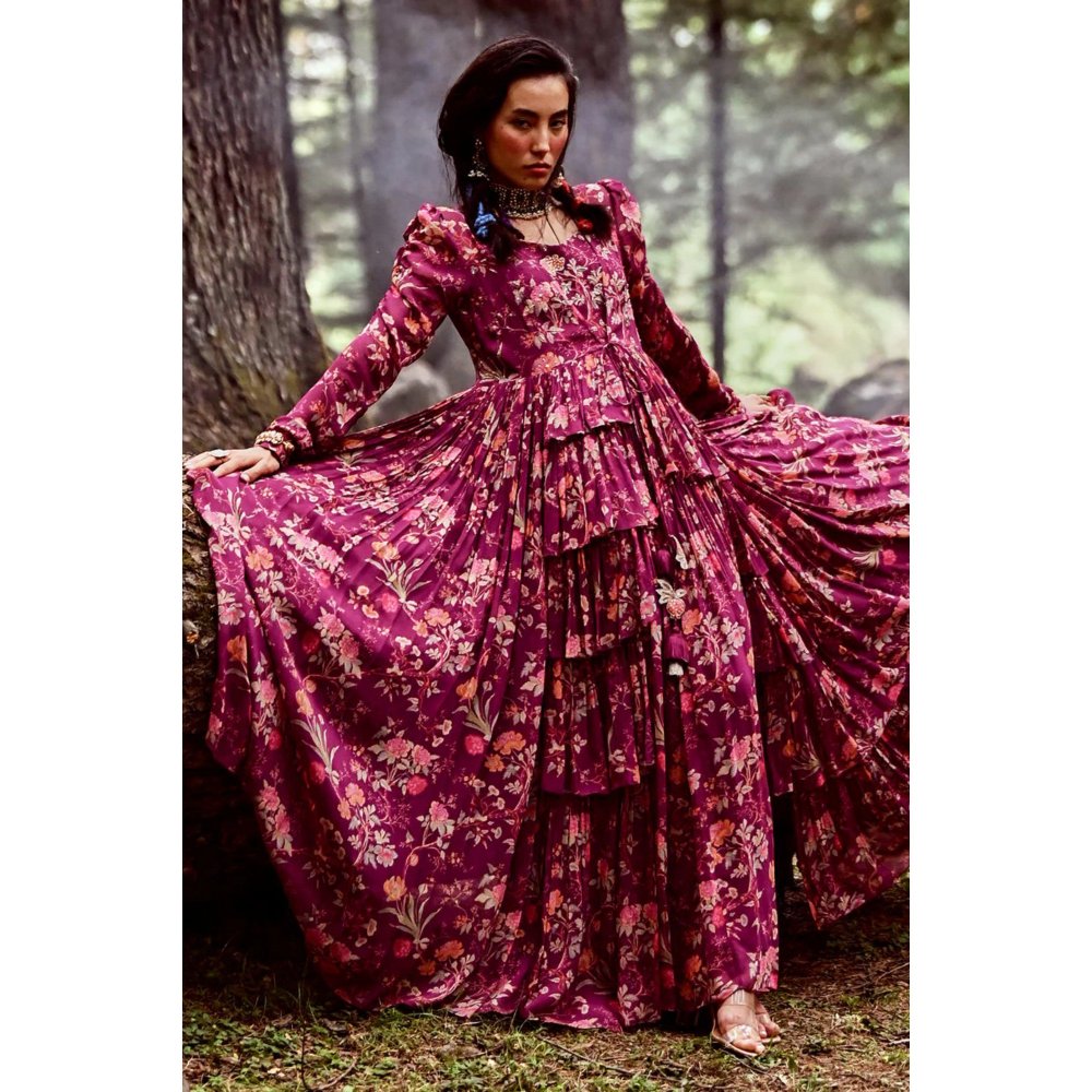 Paulmi & Harsh Grape Floral Print Short Jacket with Maxi Dress (Set of 2)