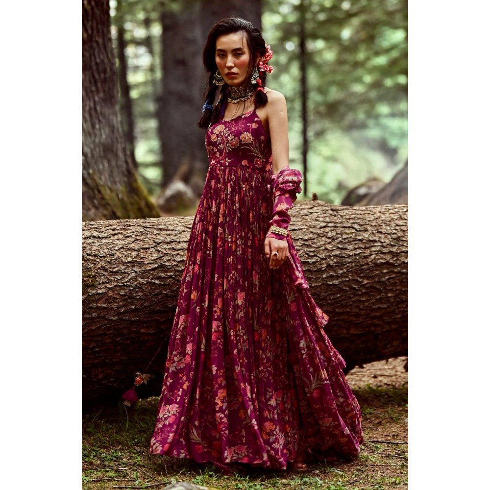 Paulmi & Harsh Grape Floral Print Short Jacket with Maxi Dress (Set of 2)