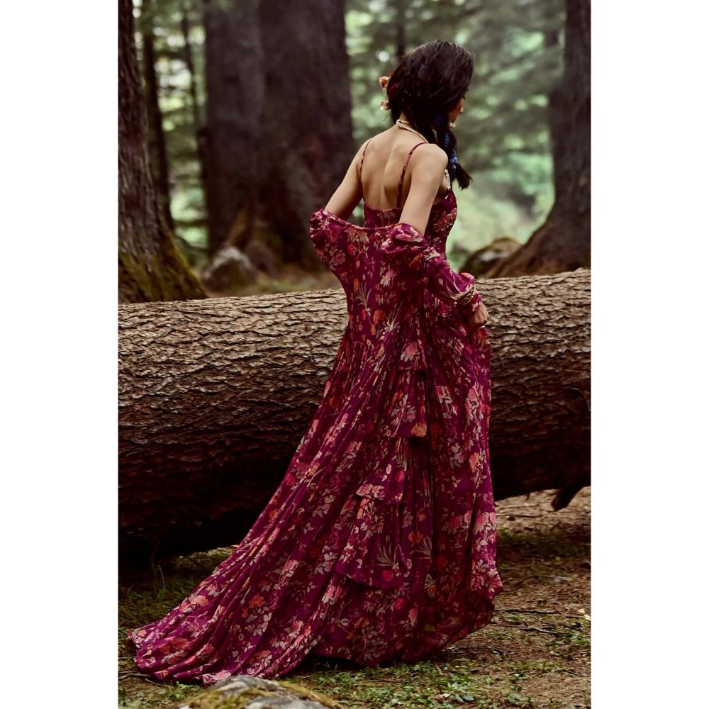 Paulmi & Harsh Grape Floral Print Short Jacket with Maxi Dress (Set of 2)