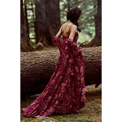 Paulmi & Harsh Grape Floral Print Short Jacket with Maxi Dress (Set of 2)