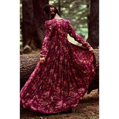 Paulmi & Harsh Grape Floral Print Short Jacket with Maxi Dress (Set of 2)