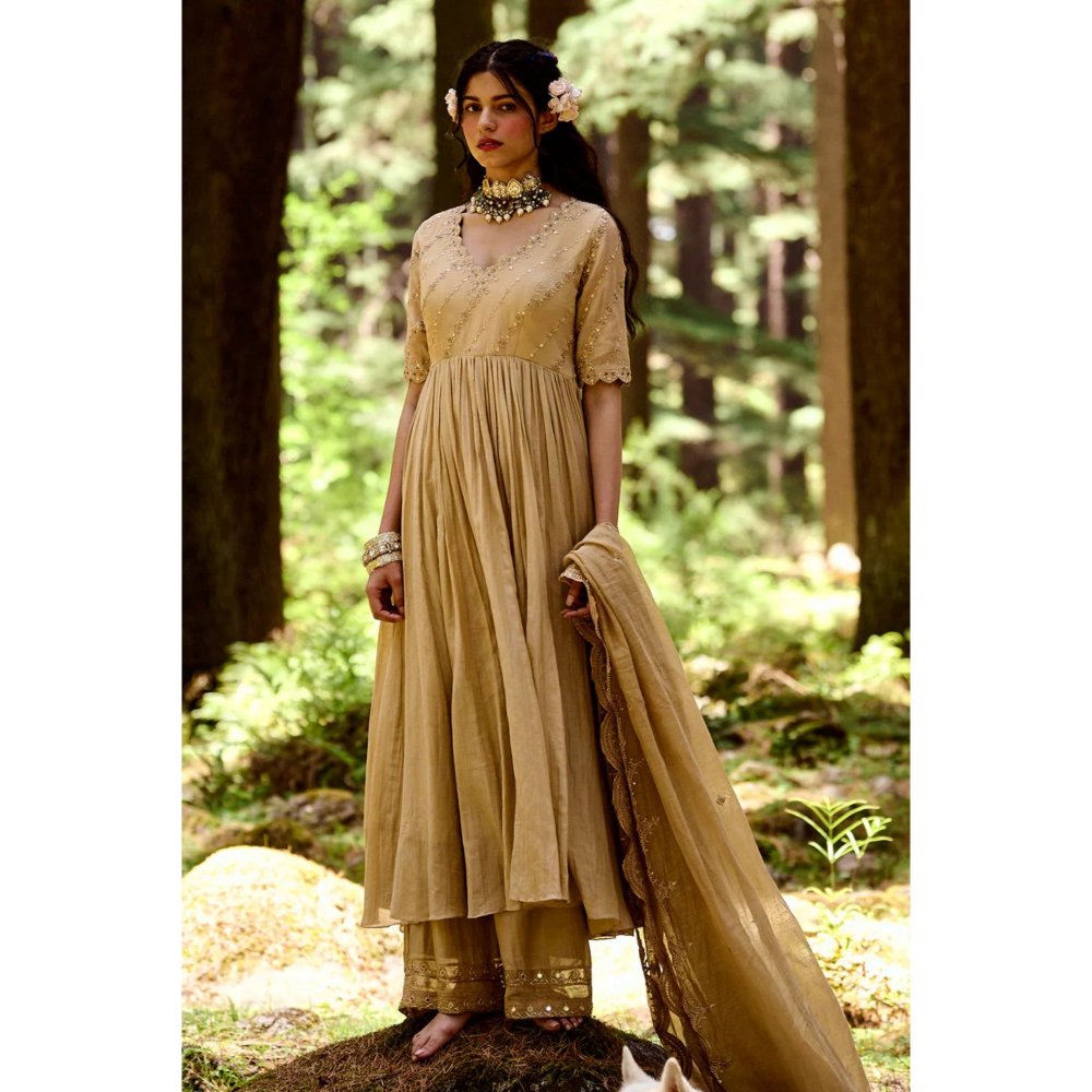 Paulmi & Harsh Beige Anarkali with Scallop Pants & Dupatta (Set of 3)
