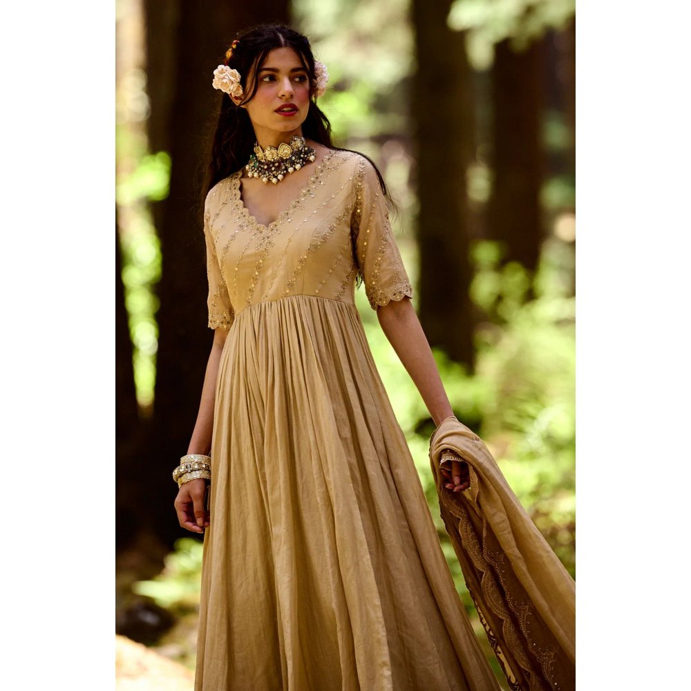 Paulmi & Harsh Beige Anarkali with Scallop Pants & Dupatta (Set of 3)