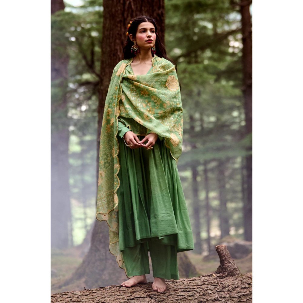 Paulmi & Harsh Green V-Cut Anarkali with Naksha Print Dupatta (Set of 3)