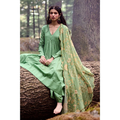 Paulmi & Harsh Green V-Cut Anarkali with Naksha Print Dupatta (Set of 3)