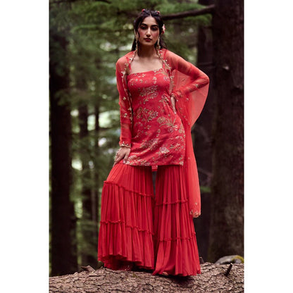 Paulmi & Harsh Poppy Red Floral Print Kurta (Set of 3)