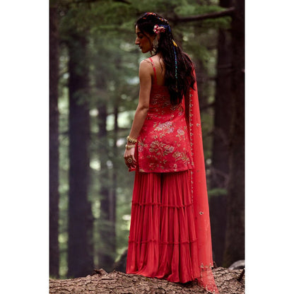 Paulmi & Harsh Poppy Red Floral Print Kurta (Set of 3)