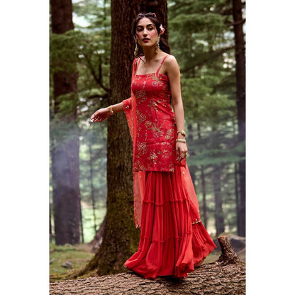 Paulmi & Harsh Poppy Red Floral Print Kurta (Set of 3)