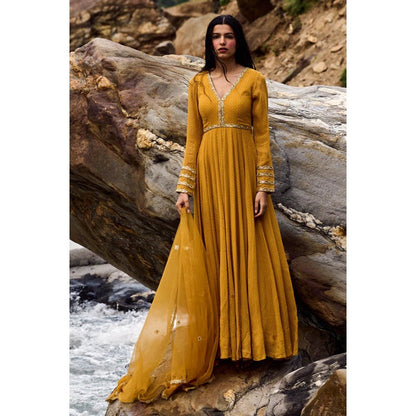 Paulmi & Harsh Ochre Yellow Geometric Print Anarkali (Set of 2)