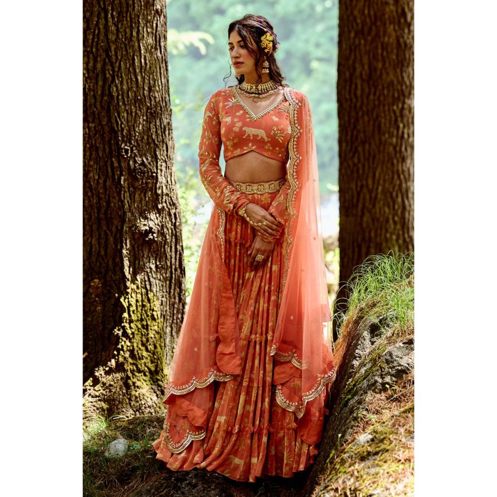 Paulmi & Harsh Sherbet Orange 5-layered Lehenga (Set of 4)