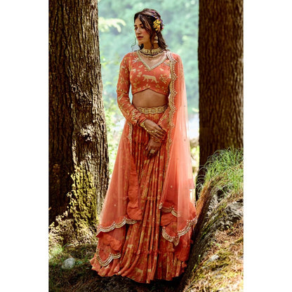 Paulmi & Harsh Sherbet Orange 5-layered Lehenga (Set of 4)
