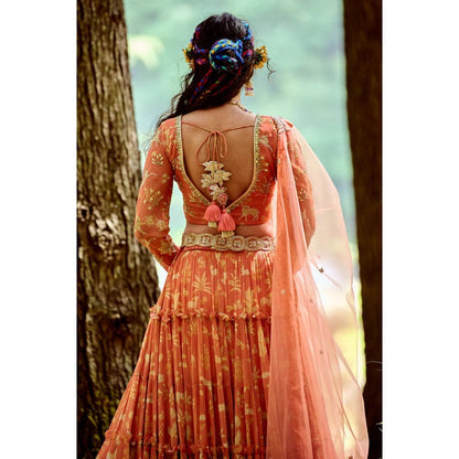 Paulmi & Harsh Sherbet Orange 5-layered Lehenga (Set of 4)