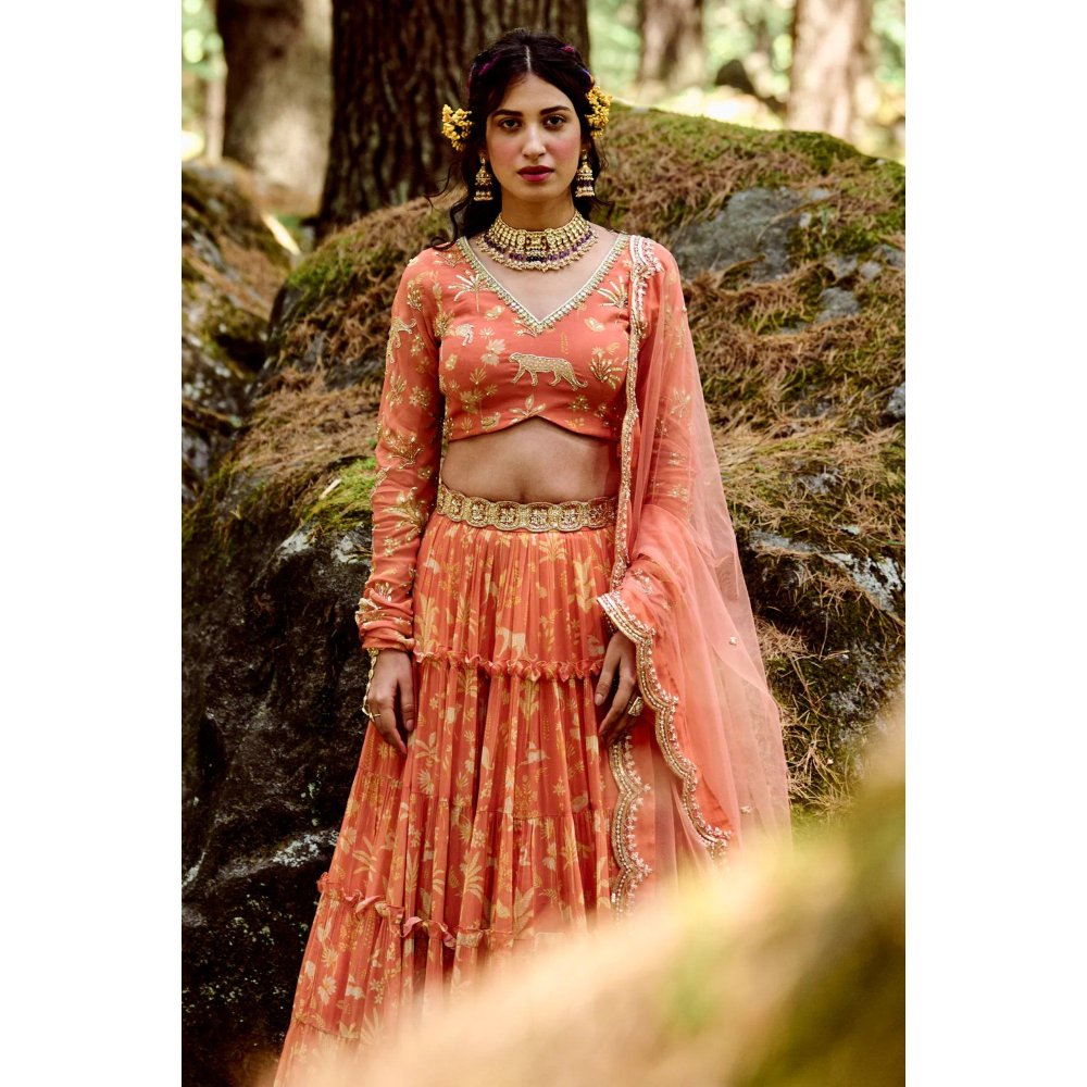 Paulmi & Harsh Sherbet Orange 5-layered Lehenga (Set of 4)