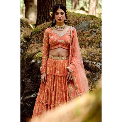 Paulmi & Harsh Sherbet Orange 5-layered Lehenga (Set of 4)