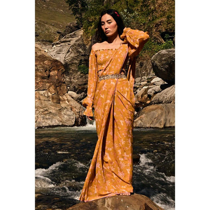 Paulmi & Harsh Yellow Jungle Print Saree with Stitched Blouse