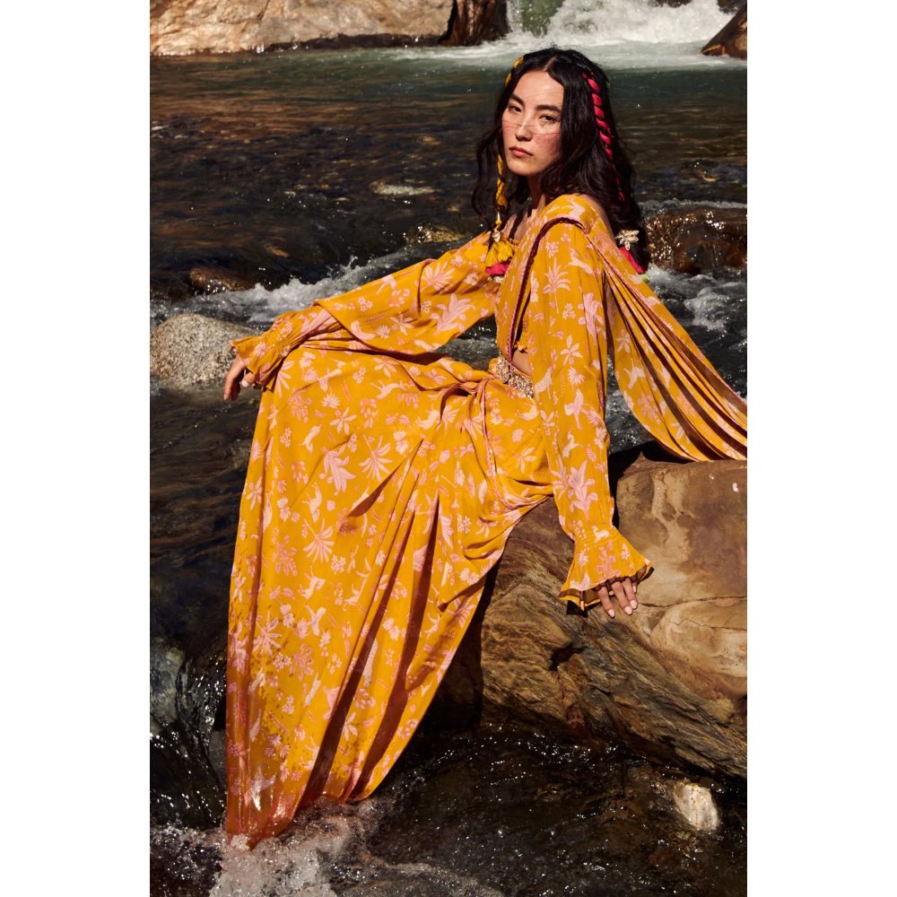 Paulmi & Harsh Yellow Jungle Print Saree with Stitched Blouse