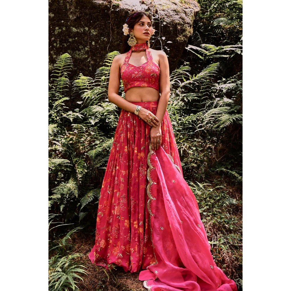 Paulmi & Harsh Jungle Print Rani Pink Lehenga (Set of 3)