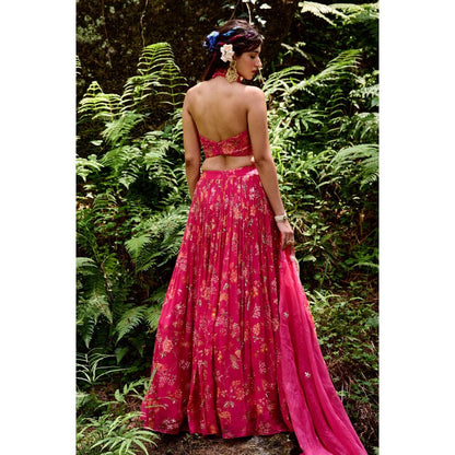 Paulmi & Harsh Jungle Print Rani Pink Lehenga (Set of 3)
