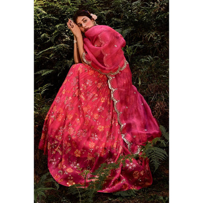 Paulmi & Harsh Jungle Print Rani Pink Lehenga (Set of 3)