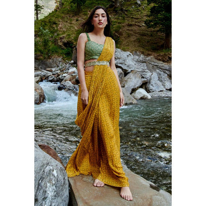Paulmi & Harsh Flowy Ochre Yellow Pre Draped Saree with Stitched Blouse