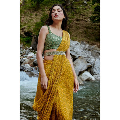 Paulmi & Harsh Flowy Ochre Yellow Pre Draped Saree with Stitched Blouse