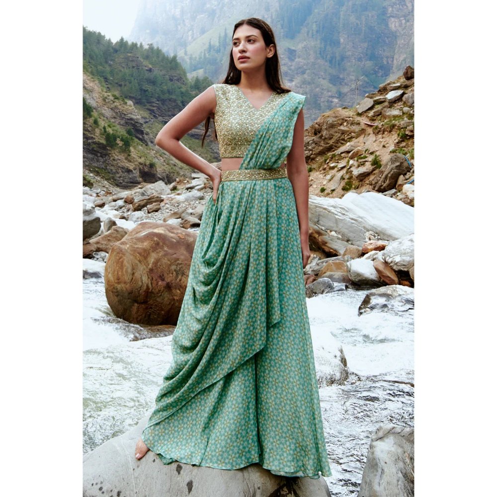 Paulmi & Harsh Luxe Blue Geometric Print Pre Draped Saree with Stitched Blouse