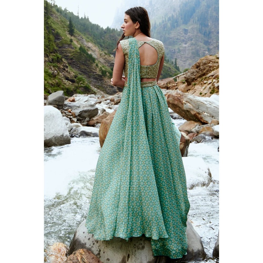 Paulmi & Harsh Luxe Blue Geometric Print Pre Draped Saree with Stitched Blouse